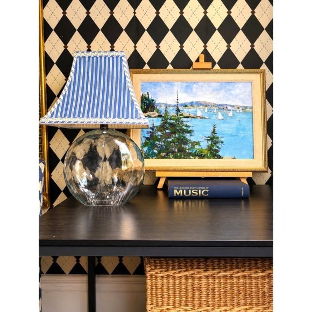 Coastal Aqua Blue Glass Table Lamp Blue White Striped Shade - Picture 3 of 11